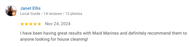 Google review from Janet Ellis, Local Guide — 5 stars, November 24 2024. I have been having great results with Maid Marines and definitely recommend them to anyone looking for house cleaning!